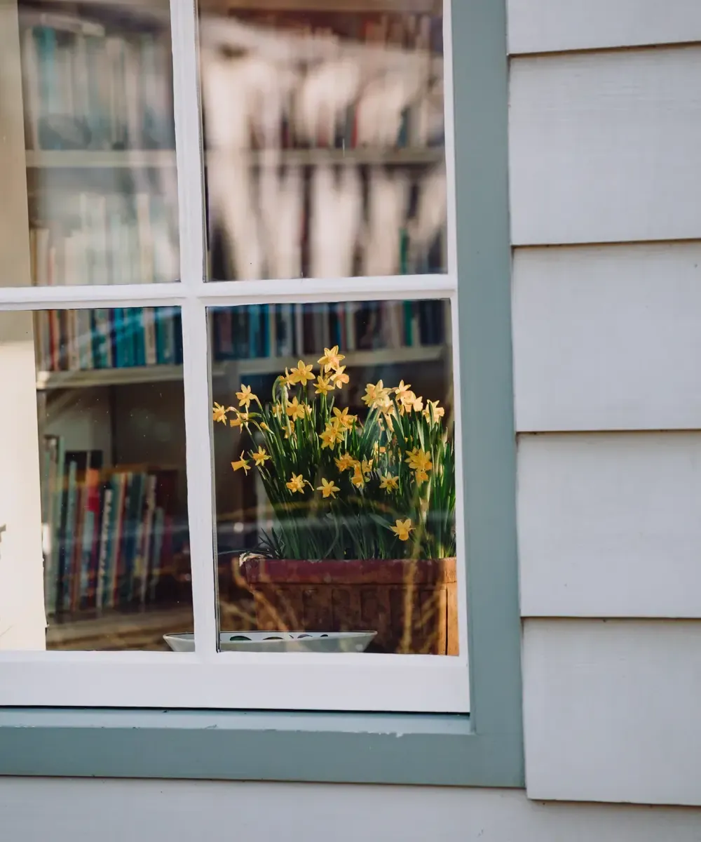 Narcissen in raam van houten huis met boeken Broek in Waterland